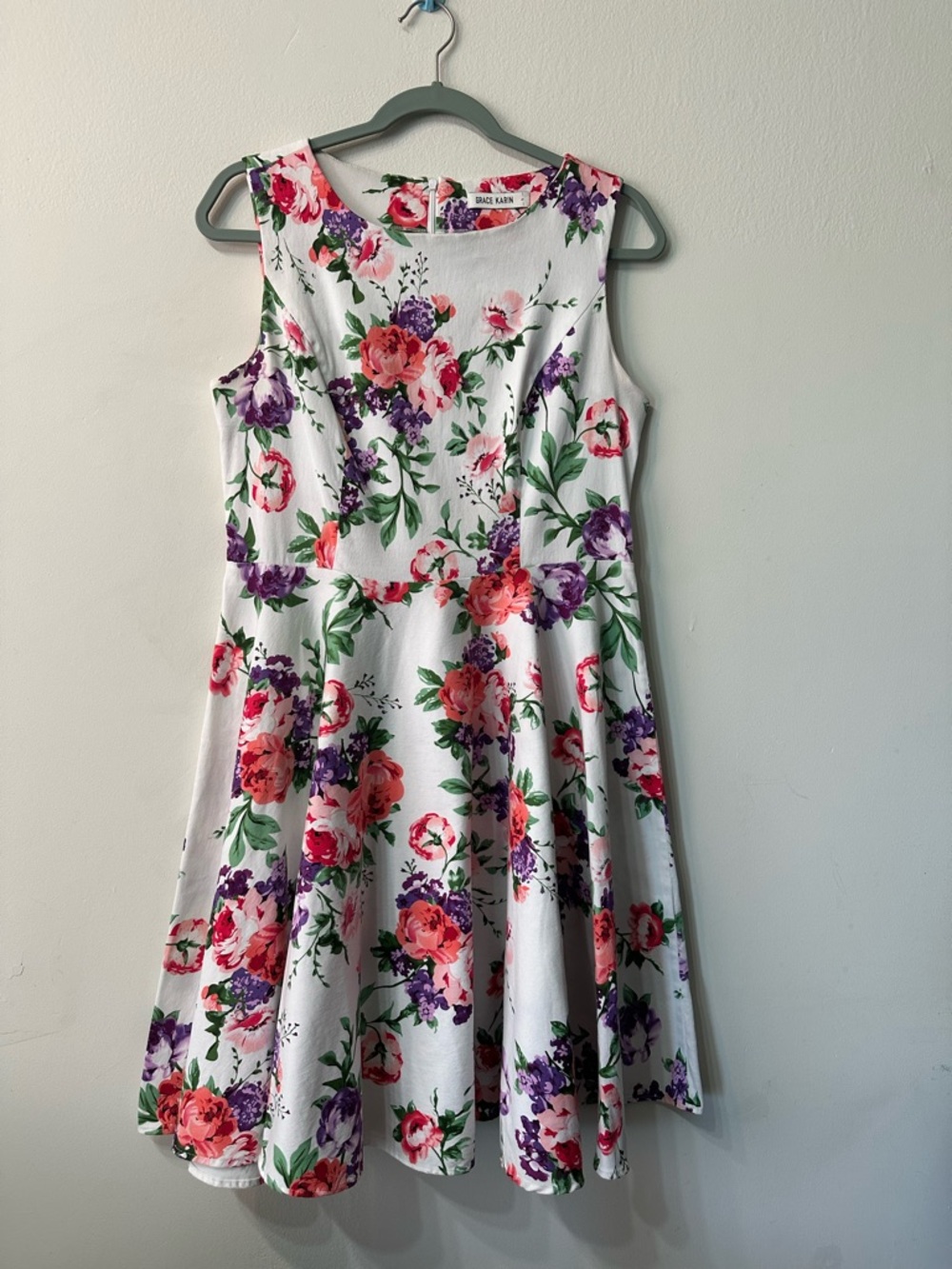 Grace Karin Floral Fit & Flare Sleeveless Knee Length Dress White L